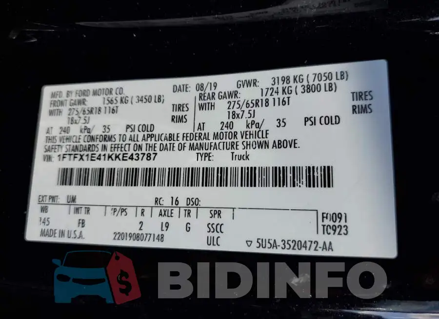 1FTFX1E41KKE43787 Photo# 13