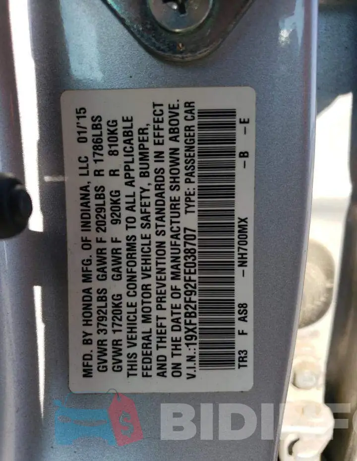 19XFB2F92FE038707 Photo# 12