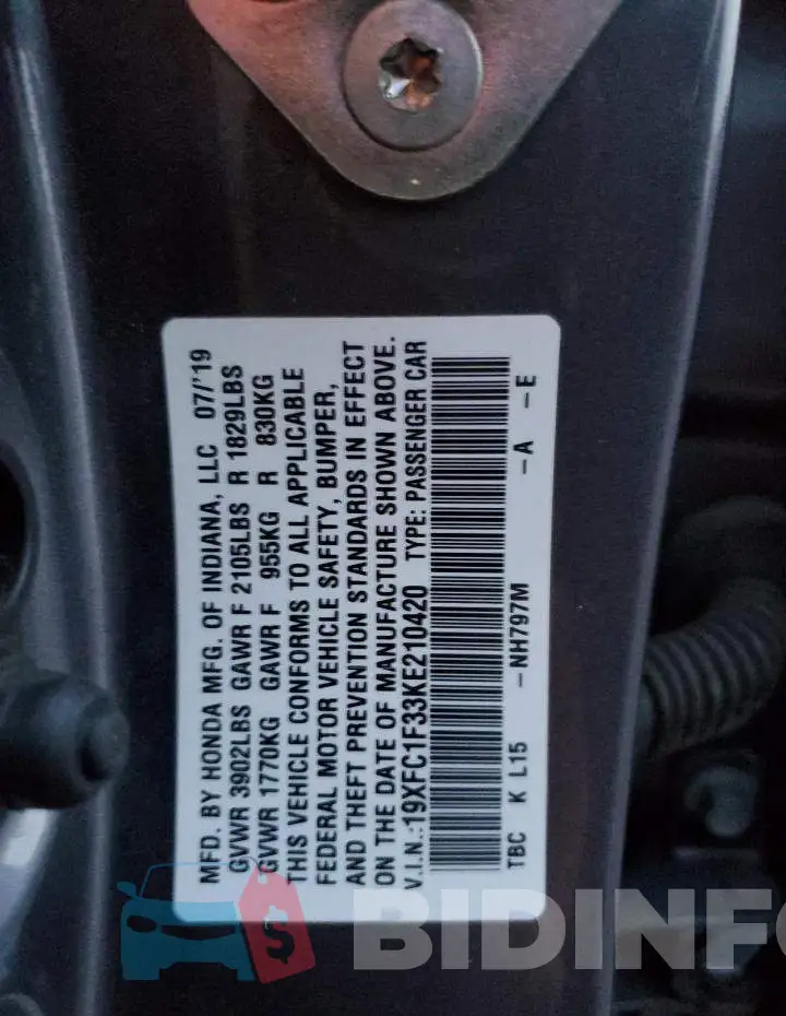19XFC1F33KE210420 Photo# 12