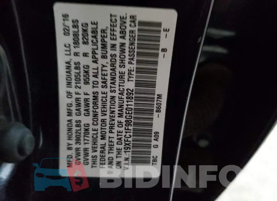 19XFC1F98GE011892 Photo# 12