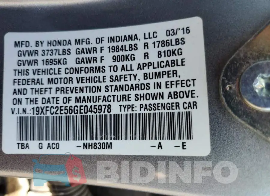 19XFC2E56GE045978 Photo# 13