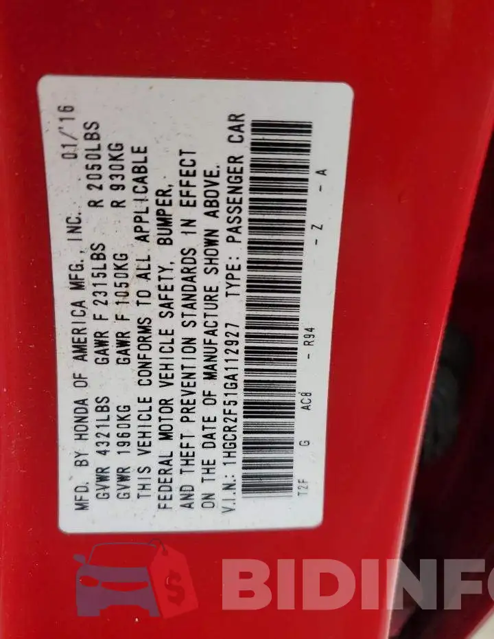 1HGCR2F51GA112927 Photo# 12