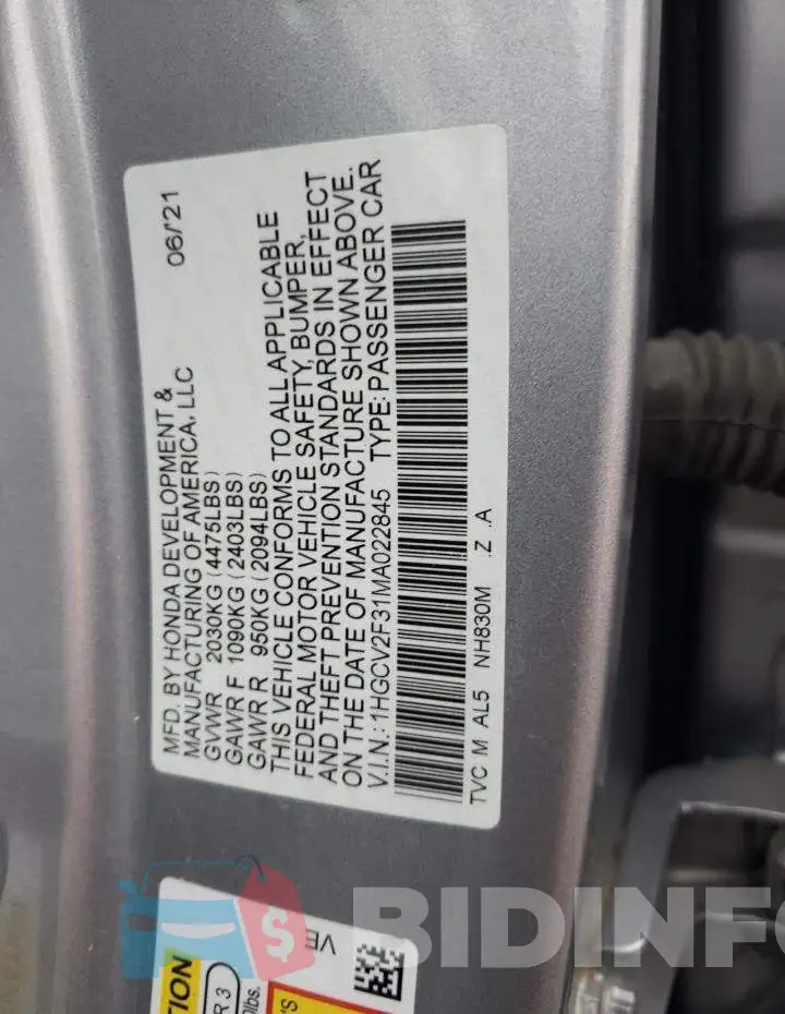 1HGCV2F31MA022845 Photo# 12