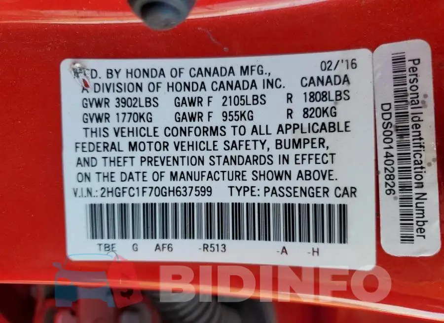 2HGFC1F70GH637599 Photo# 12