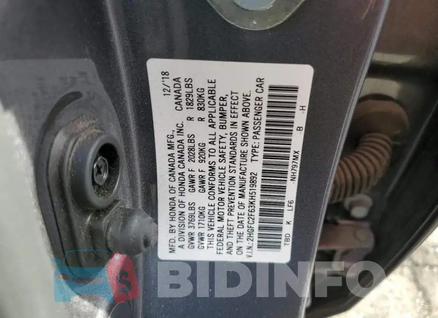 2HGFC2F63KH519892 Photo# 12