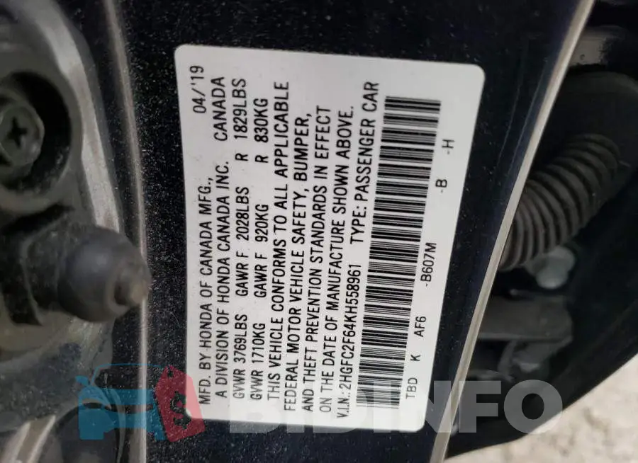 2HGFC2F64KH558961 Photo# 12