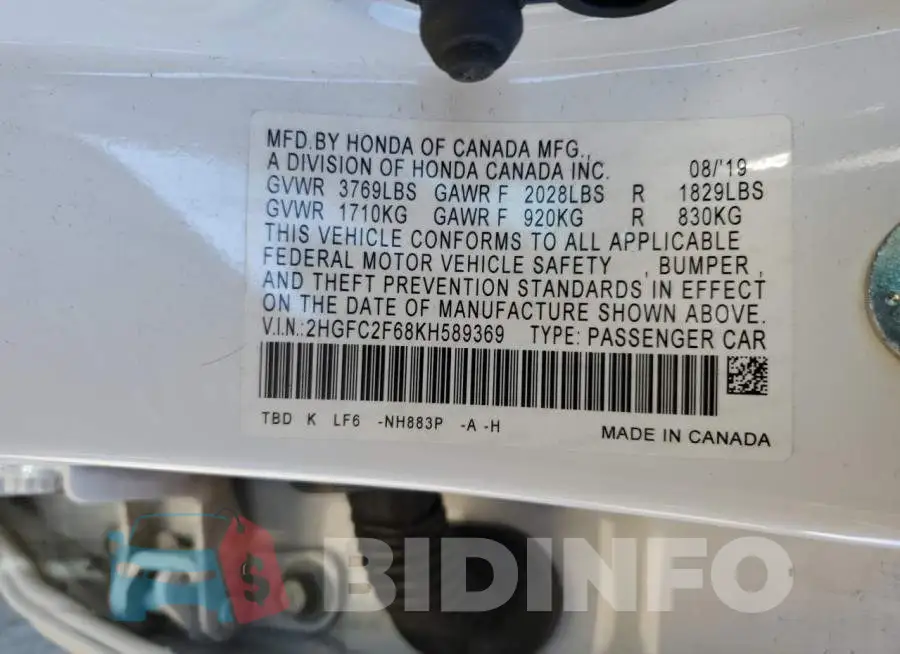 2HGFC2F68KH589369 Photo# 12