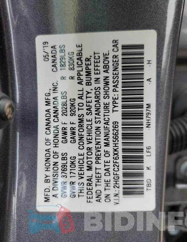 2HGFC2F6XKH566269 Photo# 12
