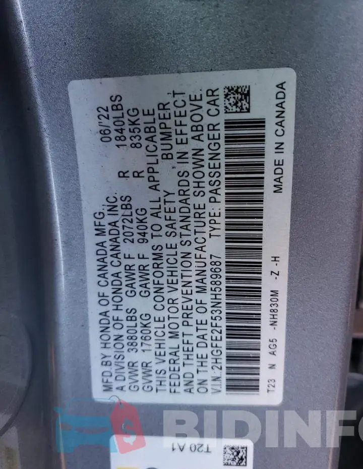 2HGFE2F53NH589687 Photo# 12