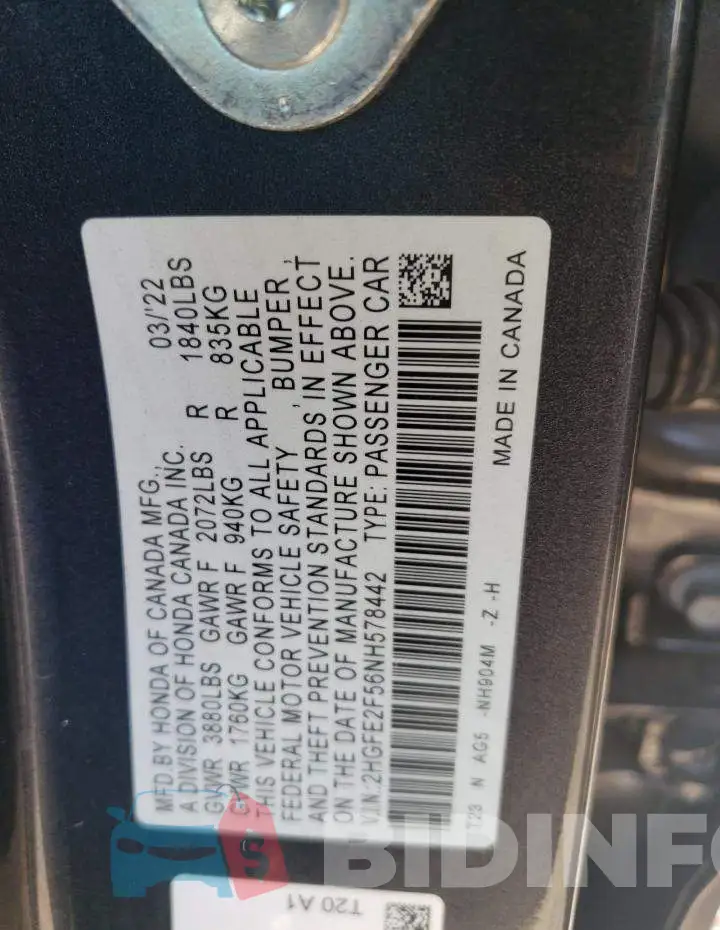 2HGFE2F56NH578442 Photo# 13