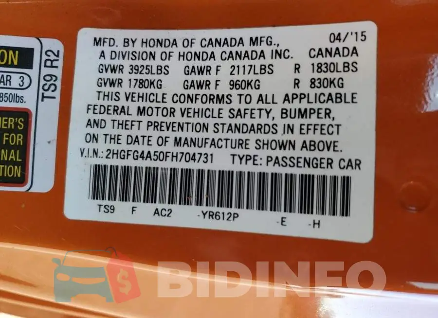 2HGFG4A50FH704731 Photo# 12