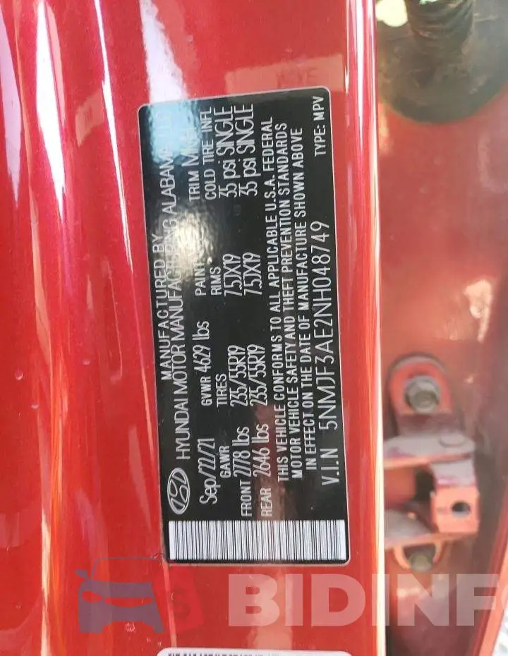 5NMJF3AE2NH048749 Photo# 13