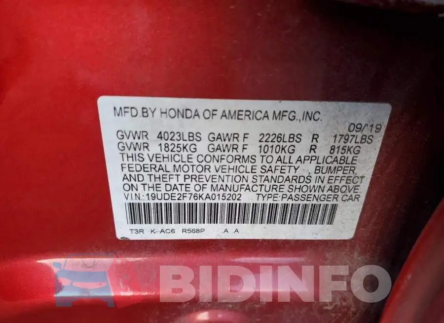 19UDE2F76KA015202 Photo# 12