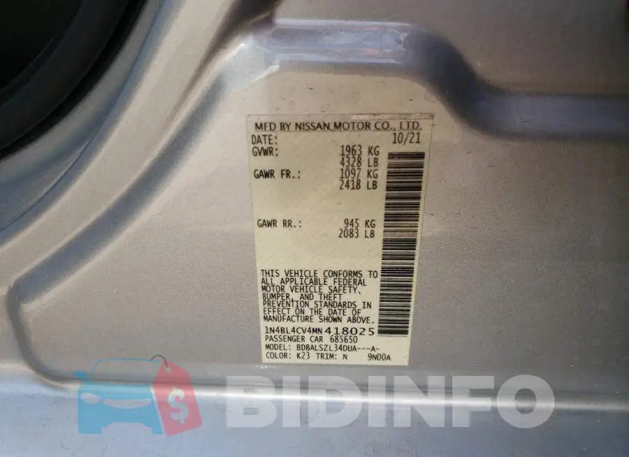 1N4BL4CV4MN418025 Photo# 12