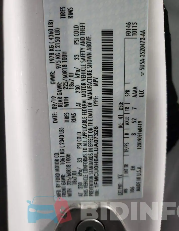 1FMCU0H64LUA07326 Photo# 12