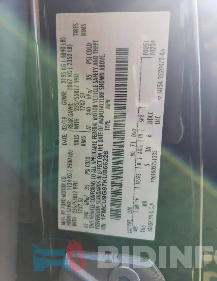 1FMCU9G97KUB66226 Photo# 12