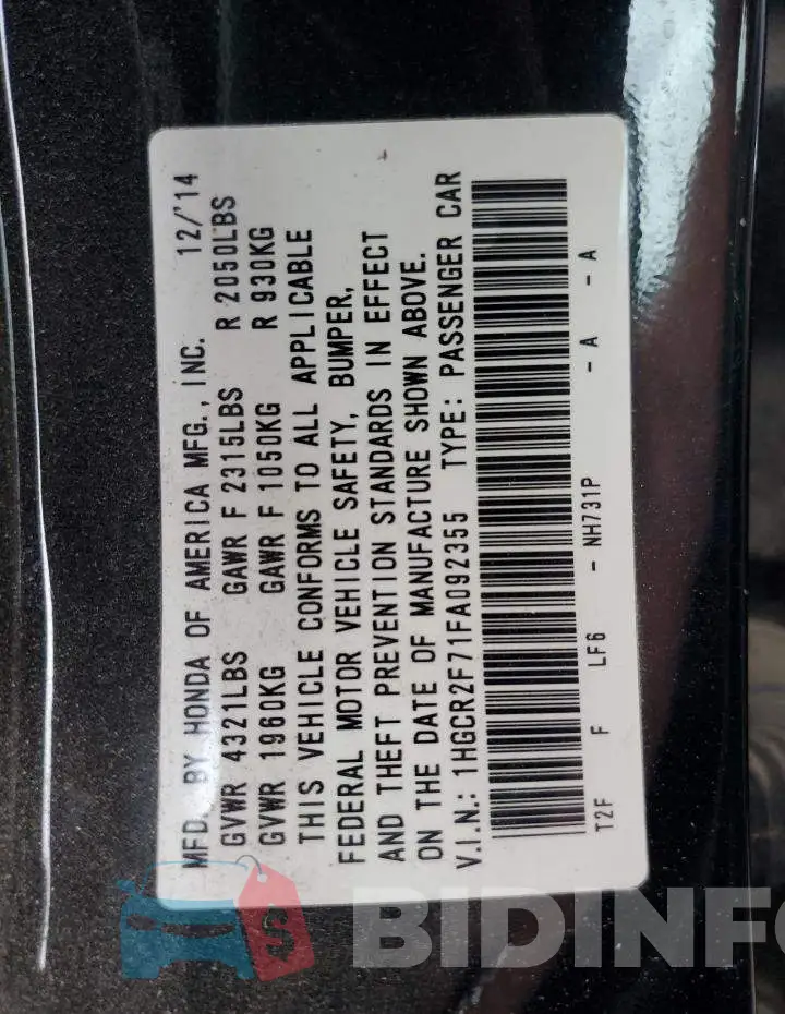 1HGCR2F71FA092355 Photo# 12