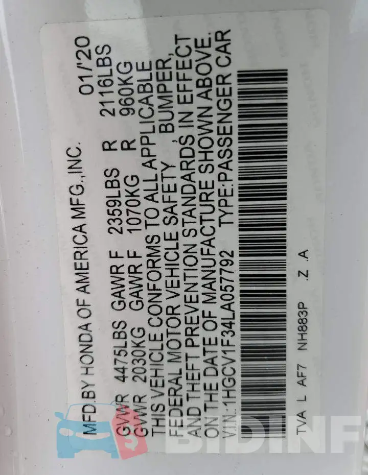 1HGCV1F34LA057792 Photo# 12