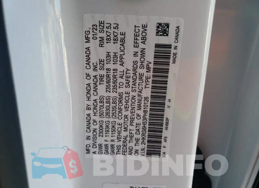 2HKRS6H53PH810126 Photo# 12