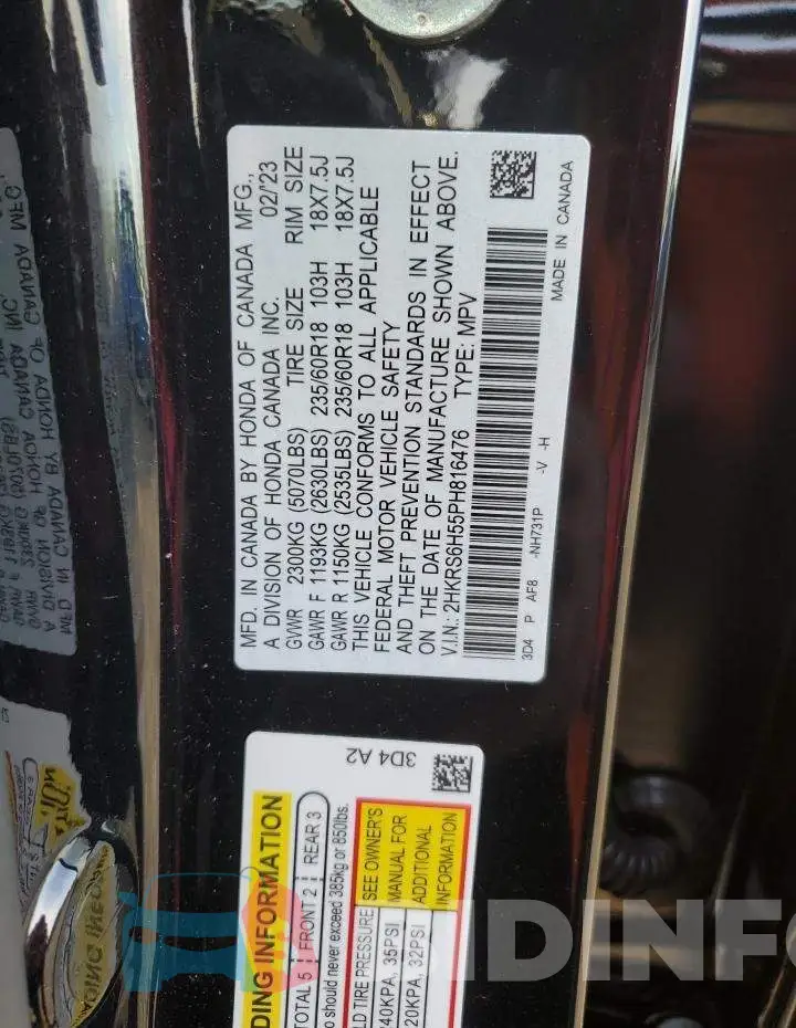 2HKRS6H55PH816476 Photo# 12