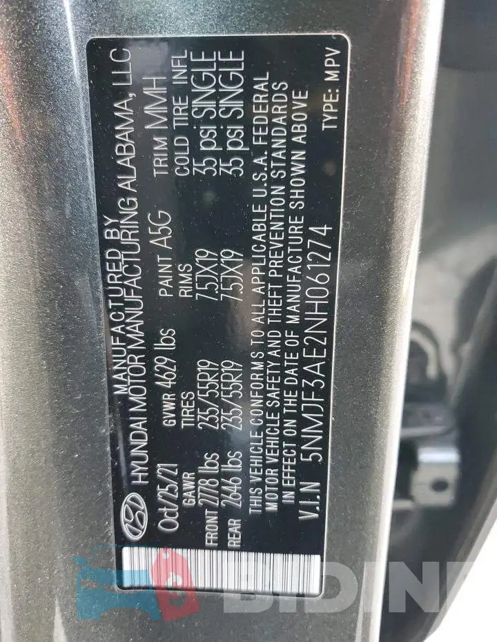 5NMJF3AE2NH061274 Photo# 12