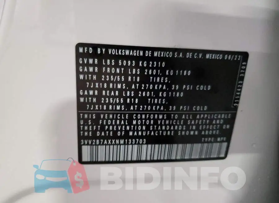 3VV2B7AXXNM133703 Photo# 13