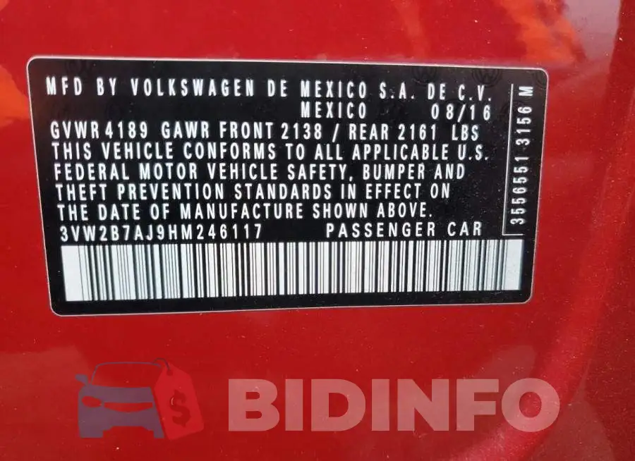3VW2B7AJ9HM246117 Photo# 13