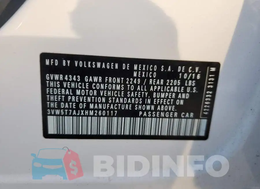 3VW5T7AJXHM260117 Photo# 13
