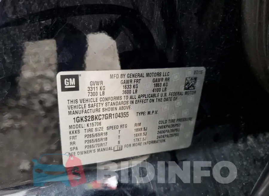 1GKS2BKC7GR104355 Photo# 14
