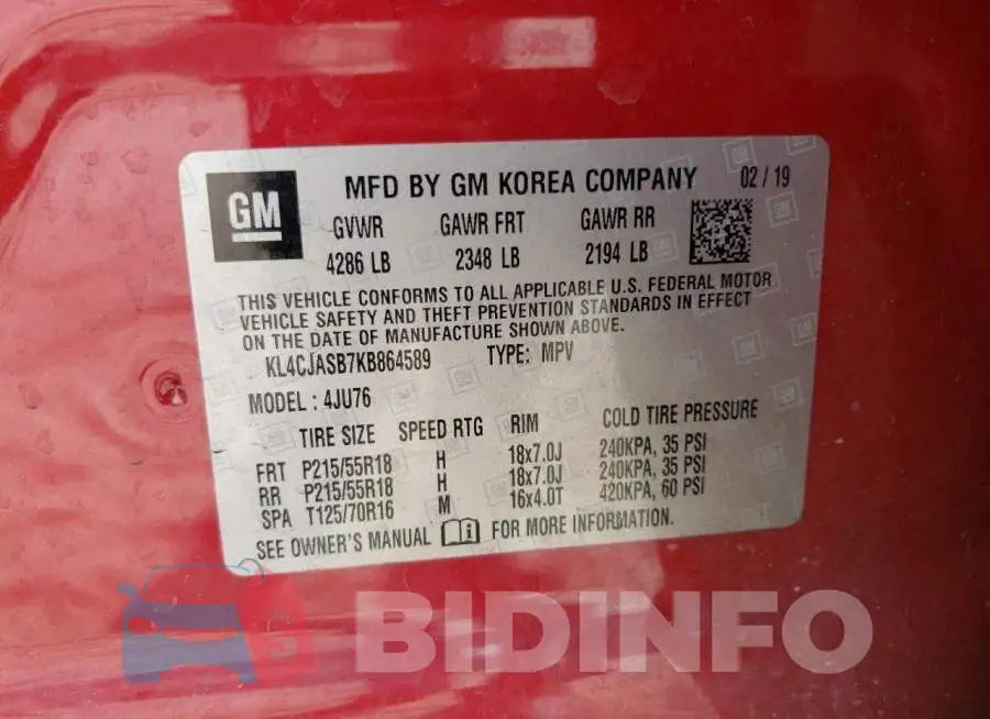 KL4CJASB7KB864589 Photo# 12