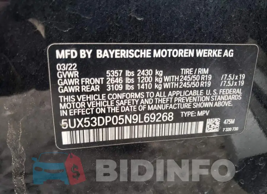 5UX53DP05N9L69268 Photo# 12