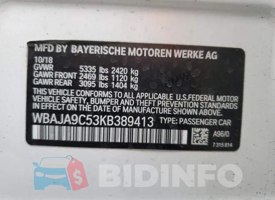WBAJA9C53KB389413 Photo# 12