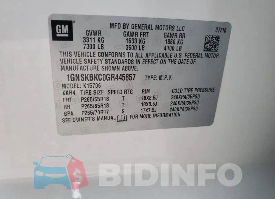 1GNSKBKC0GR445857 Photo# 13
