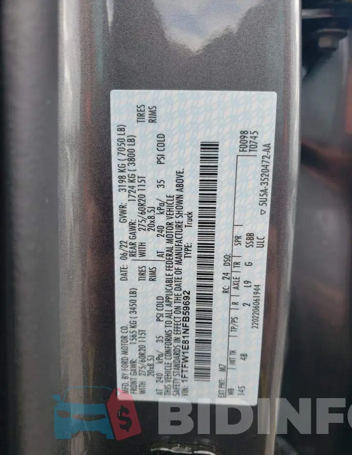 1FTFW1E81NFB59692 Photo# 12