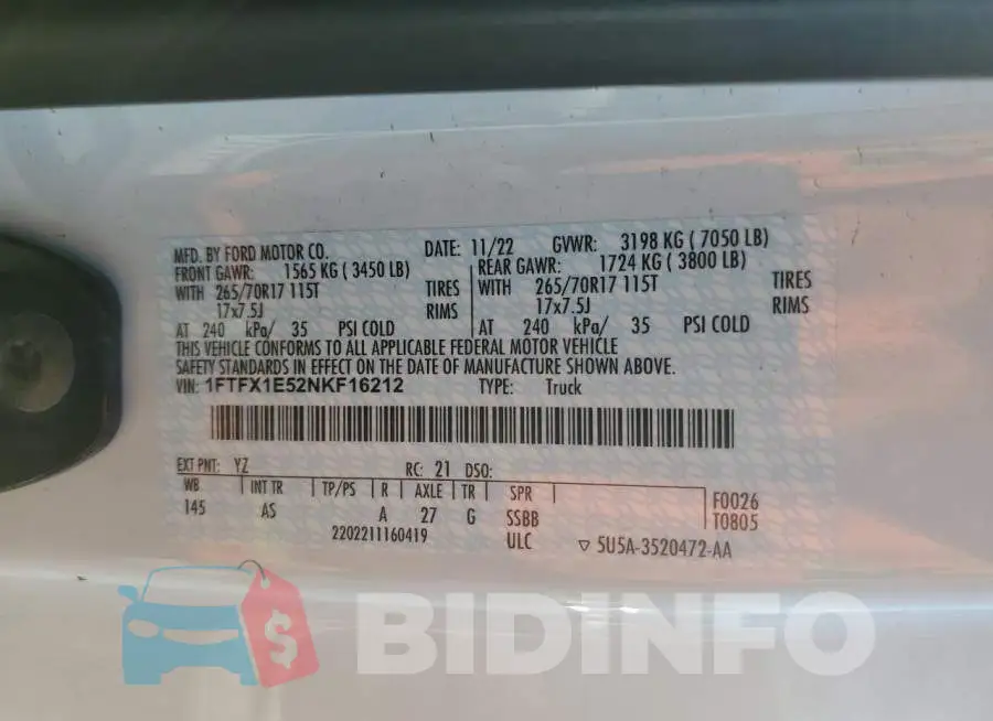1FTFX1E52NKF16212 Photo# 12