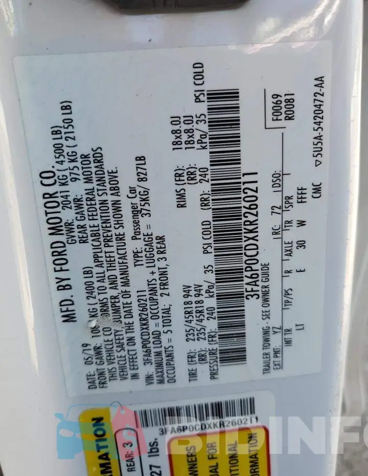 3FA6P0CDXKR260211 Photo# 12