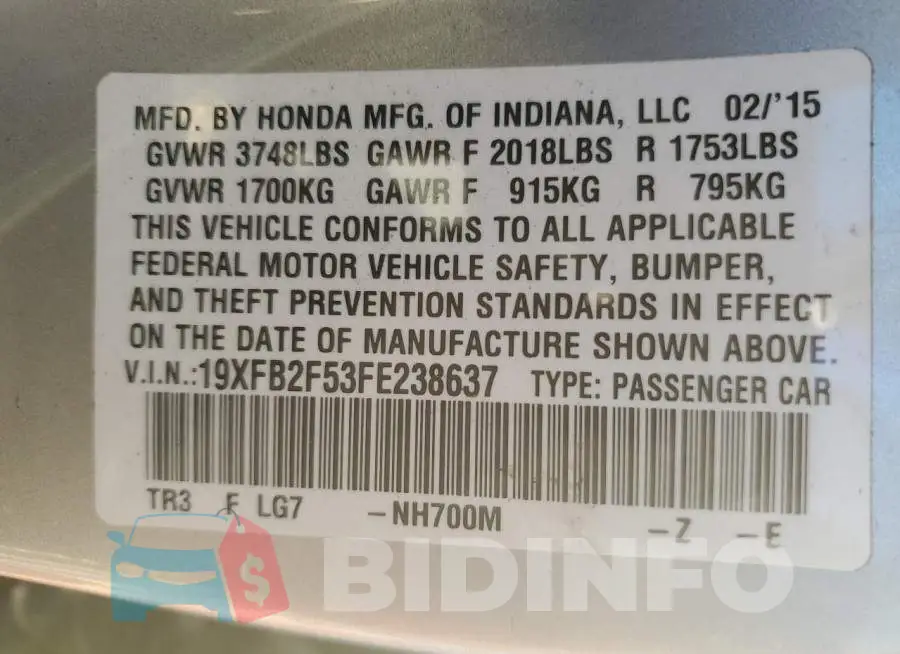 19XFB2F53FE238637 Photo# 13