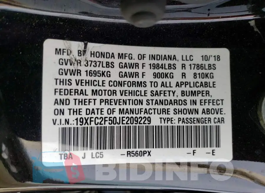 19XFC2F50JE209229 Photo# 13