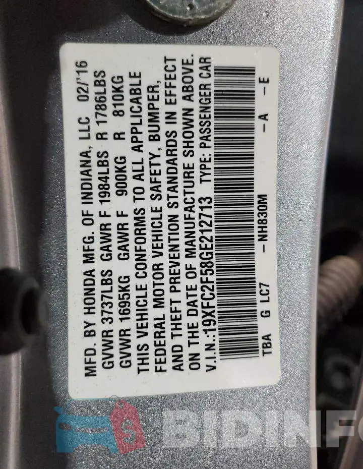19XFC2F58GE212713 Photo# 13