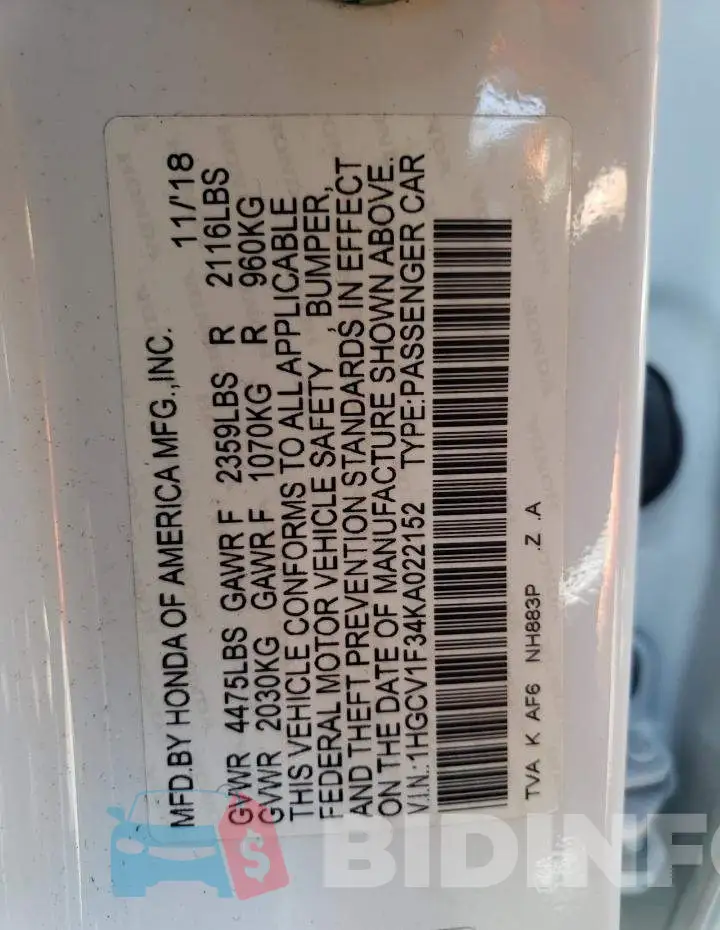 1HGCV1F34KA022152 Photo# 12