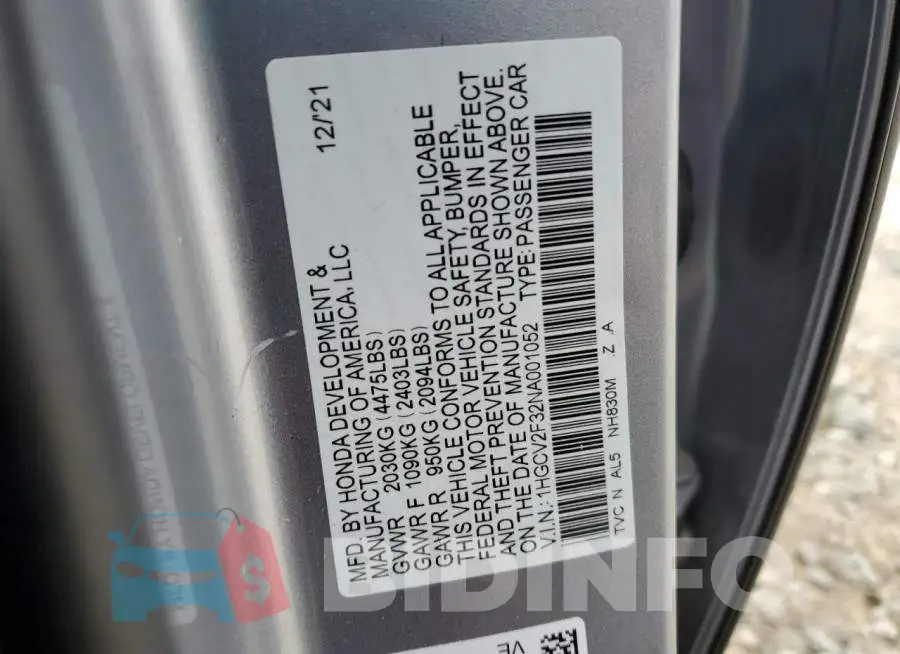 1HGCV2F32NA001052 Photo# 12