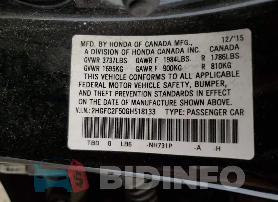 2HGFC2F50GH518133 Photo# 12