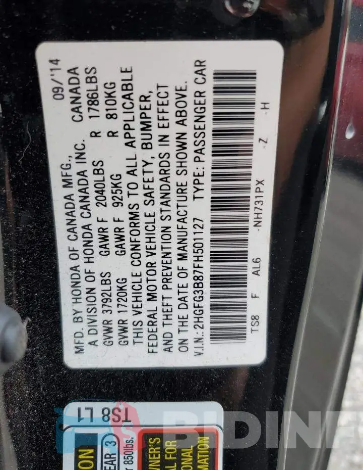 2HGFG3B87FH501127 Photo# 13