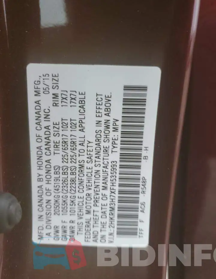 2HKRM3H7XFH535993 Photo# 13