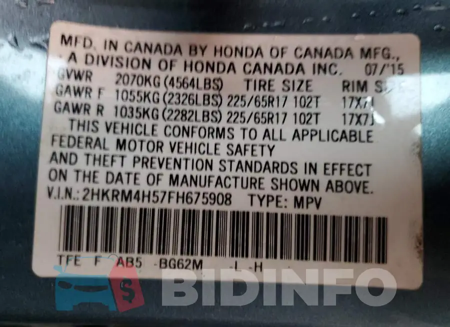 2HKRM4H57FH675908 Photo# 13