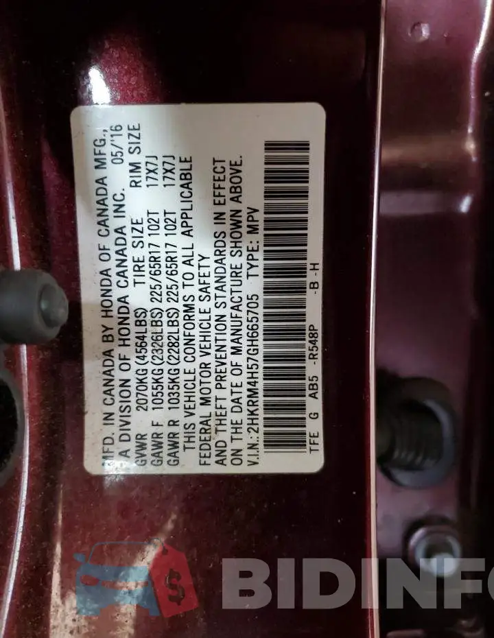 2HKRM4H57GH665705 Photo# 14