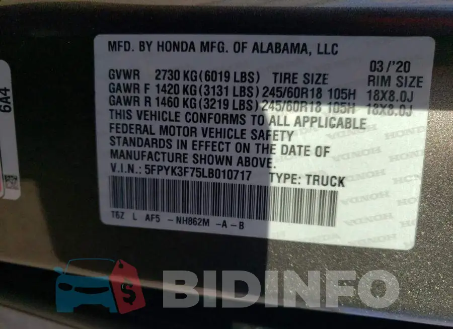 5FPYK3F75LB010717 Photo# 12