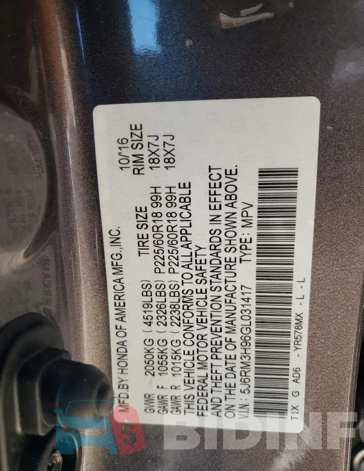5J6RM3H96GL031417 Photo# 12