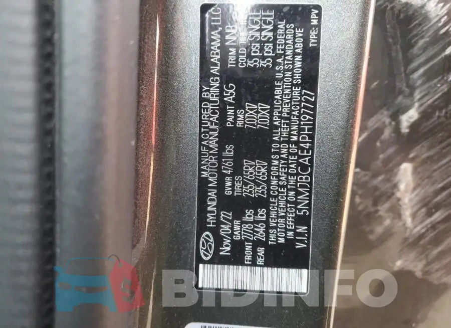 5NMJBCAE4PH197727 Photo# 12