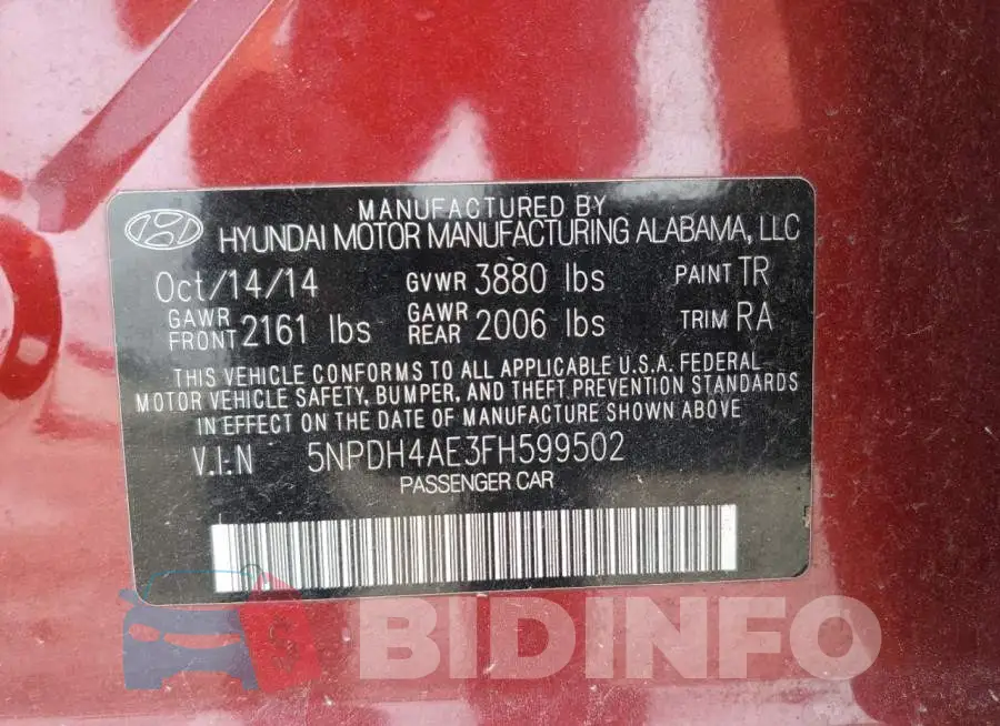 5NPDH4AE3FH599502 Photo# 12